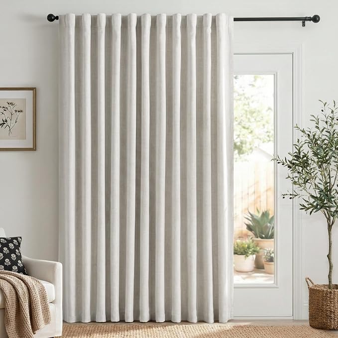 100% Blackout Shield Linen Blackout Sliding Door Curtains for Living Room, Back Tab/Rod Pocket Thermal Insulated Curtains for Sliding Glass Doors, 1 Panel Set, 100" W x 84" L, Beige