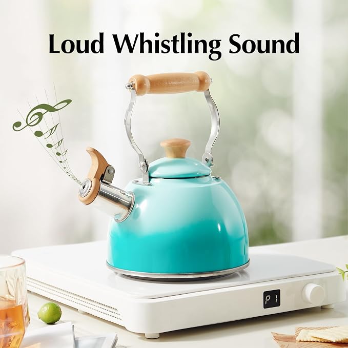 ROCKURWOK Tea Kettle, Tea Pot with Cool Touch Ergonomic Handle, Teapot Food Grade Stainless Steel, Tea Kettle Stovetop, Kettle Teapot, Whistling Tea Kettle, Small Tea Pot, 1.6 Quart (Green)