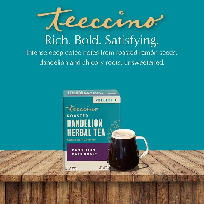 Teeccino Dandelion Tea – Dark Roast – Rich & Roasted Herbal Tea That’s Caffeine Free & Prebiotic with Detoxifying Dandelion Root, 10 Tea Bags (Pack of 4)