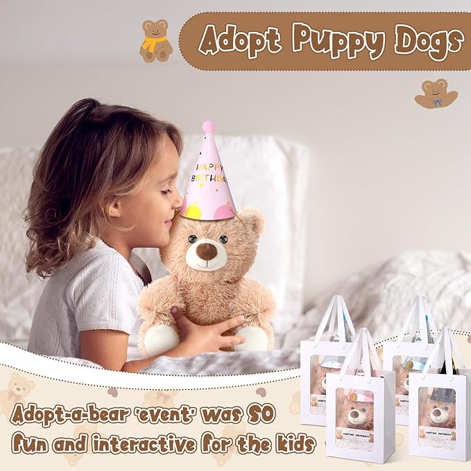 HyDren 12 Sets Adopt a Bear Favors Includes 10 Inch 12 Mini Stuffed Bear Plush Bulk Adoption Cards Birthday Hats with Bags for Adopt a Pet Party Birthday Supplies Gifts