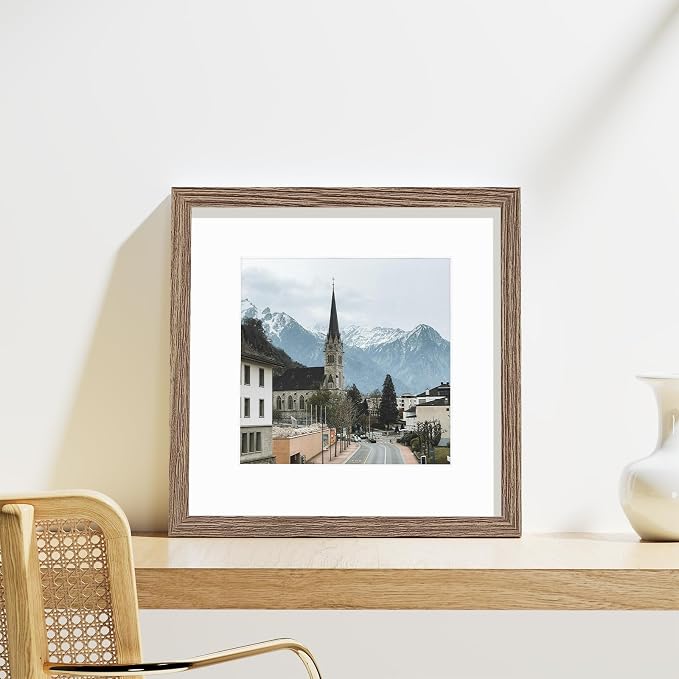 Vittanly 12x12 Picture Frames Set of 9 for Wall Mounting, Dark Oak | Display Pictures 8x8 with Mat or 12x12 without Mat for Wall Mounting, Square Photo Frames for Home Decor, Engineered Wood
