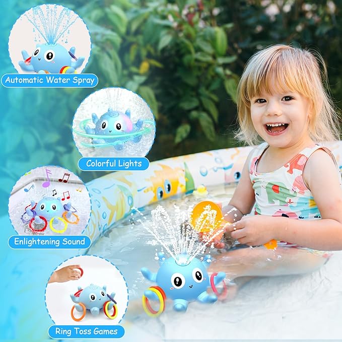 Baby Octopus Bath Toy, Light Up Sprinkler with 8 Sensory Rings, Bathtub Fountain Spray Toy for Kids – Pool Toys for Toddlers