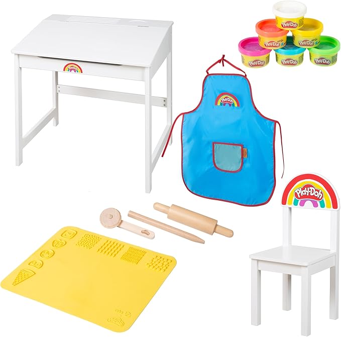 robaPlay-Doh Wooden School Desk & Chair Set with Playset | Creative Workspace for Kids with Storage, Tools, Mat | Fun Art & Craft Station for Boys & Girls 3+