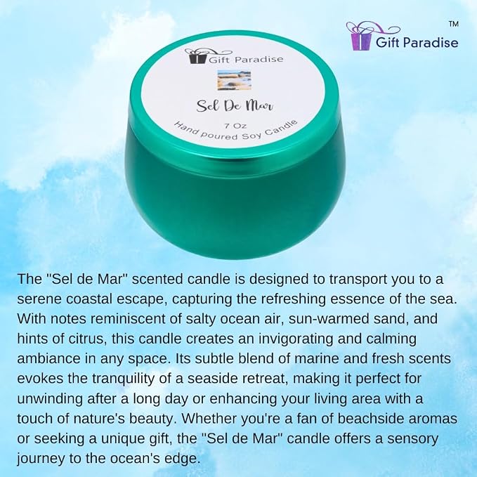 Sel de Mar Scented Candle Hand-Poured Soy Wax Candle with Fresh Ocean Breeze & Sea Salt Fragrance Long-Lasting, Eco-Friendly, Natural Vegan Candle for Relaxation and Home Décor, Sea Salt Breeze