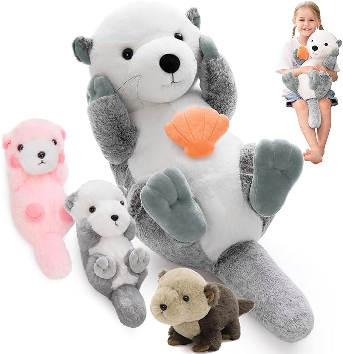 MorisMos 5Pcs Sea Otter Stuffed Animal with Babies,23.6'' Giant Mommy Stuffed Otter Toy with 3 Babies & Plush Seashell, Boy Girl Sea Animal Toys for Kids 3-5 Birthday Christmas Decor