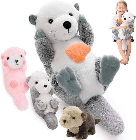 MorisMos 5Pcs Sea Otter Stuffed Animal with Babies,23.6'' Giant Mommy Stuffed Otter Toy with 3 Babies & Plush Seashell, Boy Girl Sea Animal Toys for Kids 3-5 Birthday Christmas Decor