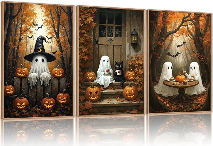 FWIEXA Halloween Cute Ghost Pumpkins Canvas Wall Art Set of 3, Black Cat Framed Painting Artwork, Vintage Witchy Hat Bats Prints, Fall Maple Leaf Decor 24x36 In for Party, Gift, Living Room, Bedroom