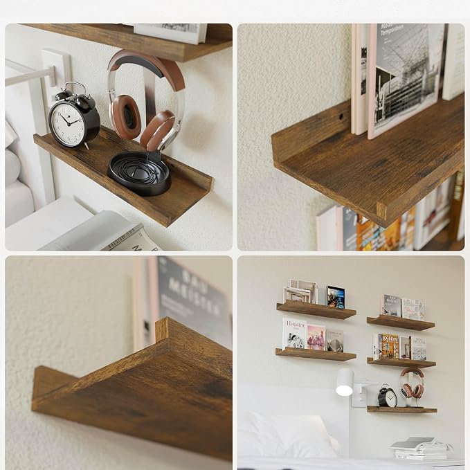 RICHER HOUSE 5-Set Floating Shelves with Lip, Brown Wall Mounted Wood Shelf | Display Picture Ledge Shelf, Anti-drop lip Shelf for Room Wall Decor, Bedroom Bathroom Storage Nursery Books, Easy Setup 16in