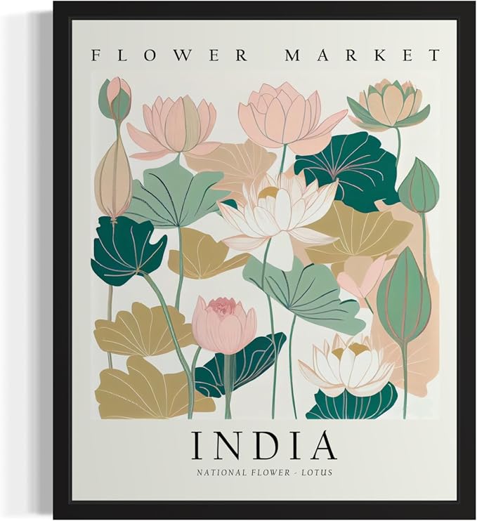 India, Lotus Art Print Poster, Flower Market Wall Art, Floral Artwork Decor for Bedroom, Kitchen, Bathroom, Livingroom Decoration 52 (India, Lotus, 36"L x 24"W, Unframed)