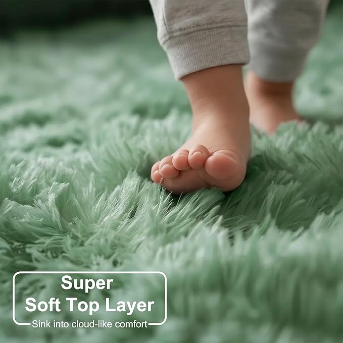 Amdrebio Sage Green Furry Area Rug 5x8 for Bedroom Living Room Classroom | Fuzzy Fluffy Shag Shaggy Kids Carpet, Nursery Dorm Playroom Reading Corner Decor, Light Mint Green Color, Baby Toddler Accent