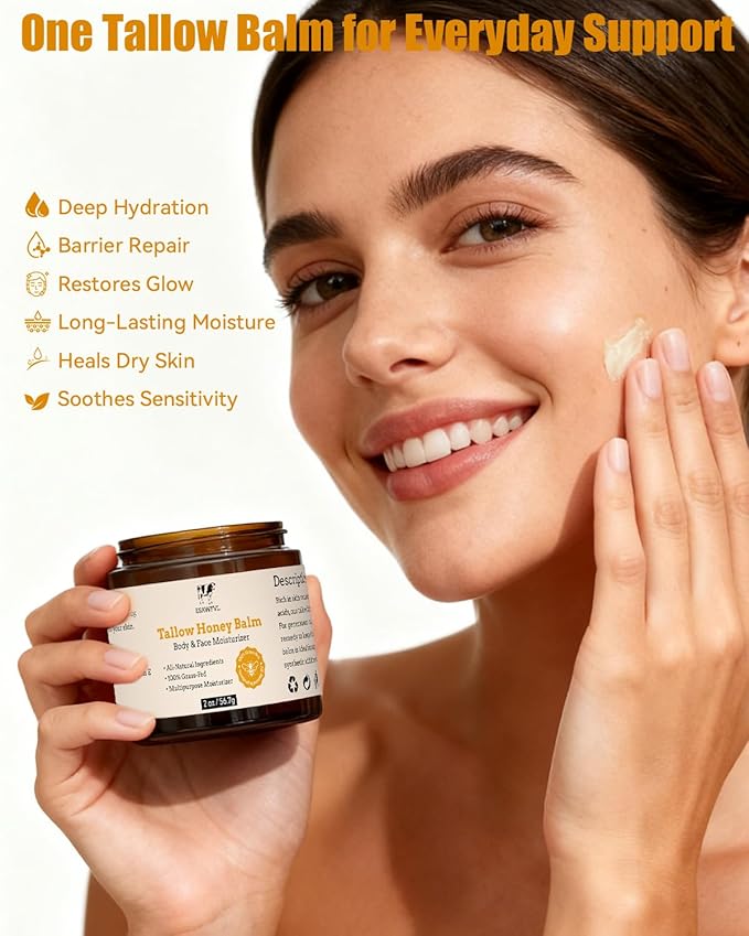 Beef Tallow for Skin, Whipped Tallow and Honey Balm for Body & Face, Natural Formula Grass-Fed Tallow Face Moisturizer for All Skin Types - 2oz