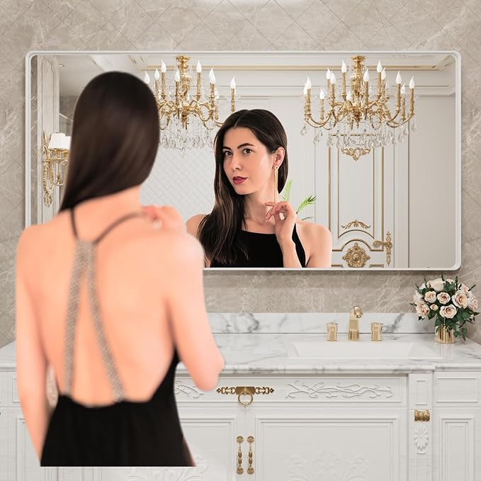 LOAAO 72x40 Inch White Metal Framed Bathroom Mirror for Wall | Rounded Rectangle Mirror, Anti-Rust, Tempered Glass, Hangs Horizontally or Vertically