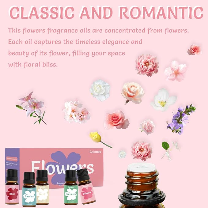 Floral Fragrance Oil Gift Set, Top 10 Scented Essential Oils for Diffusers for Home- Jasmine, Sakura, Rose Oil & More Diffuser Oil Scents, Long Lasting Scented Oils for Soap Candle Making, 10ml x 10