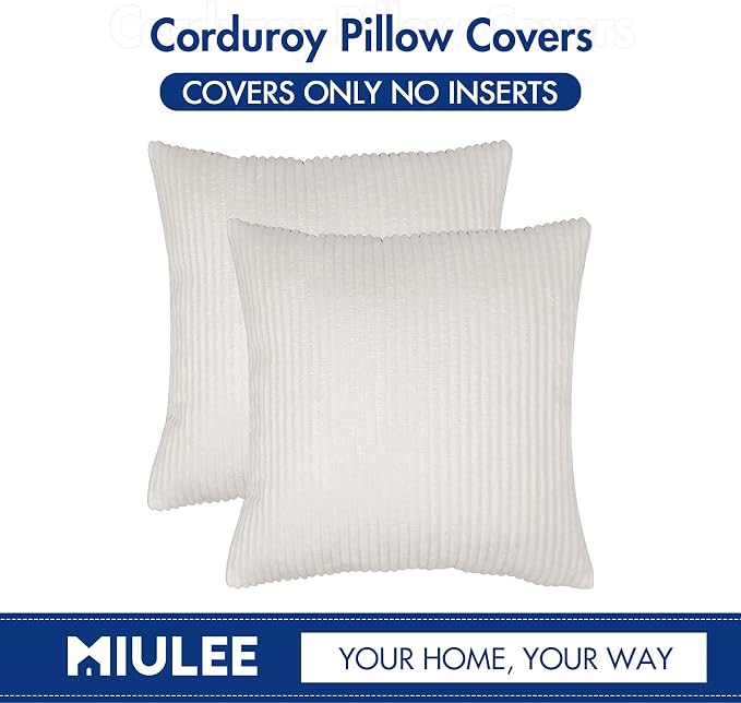 MIULEE Decorative Corduroy Throw Pillow Covers Set of 2 16x16 Pure White | Soft Striped Textured Cushion Cases, Boho Square Pillowcases Neutral Home Decor, for Couch Chair Sofa Bed Living Room