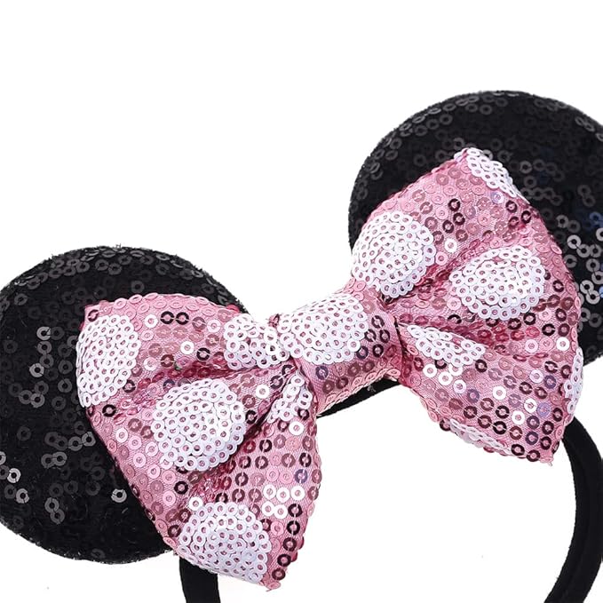 JIAHANG Mouse Ears Sequin Bow Hairband with Polka Dot, Hair Bow Nylon Headband, Soft Elastic Headwear for Baby Girl Newborn Party Supplies