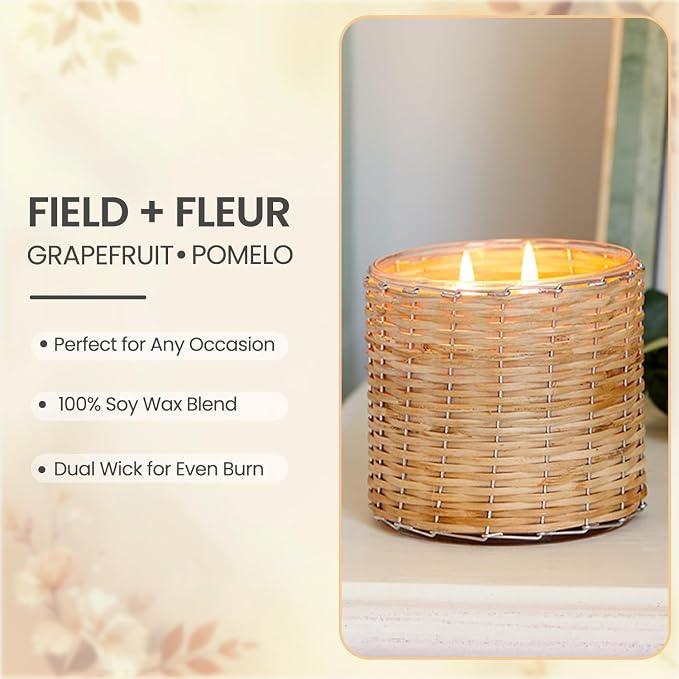 Grapefruit Pomelo Scented Candle – 12oz Luxury Soy Wax, 2-Wick in Handwoven Glass Jar, Sweet Grapefruit, Juicy Peach, Mint and Cassis Buds - 75+ Hour Clean Burn, Made in USA