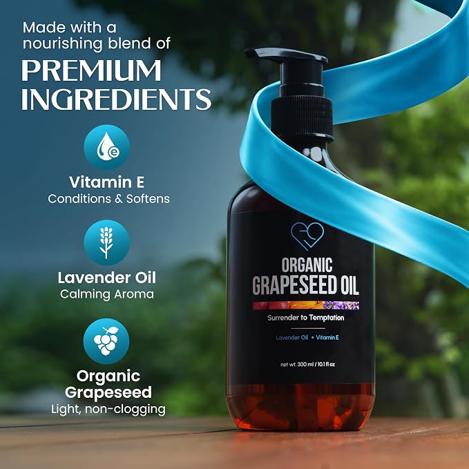 Organic Grapeseed Massage Oil with Lavender & Vitamin E – Lightweight, Non-Greasy Body & Skin Oil for Massage, Aromatherapy & Moisturizing – 16.9 fl oz (500 ml)