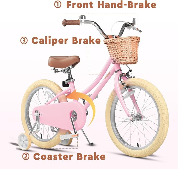 Petimini Vintage Kids Bike for Girls, 12–20 Inch Classic Bicycle with Wicker Basket & Bell, High Tensile Steel Frame, Training Wheels (12–18”), 85% Pre-Assembled, Retro Bike for Outdoor Riding