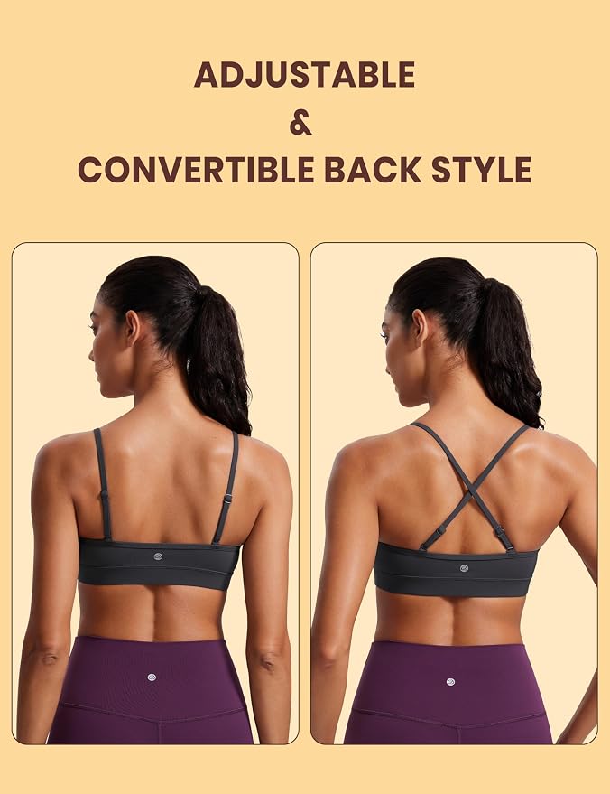 CRZ YOGA Butterluxe V-Neck Sports Bras for Women - Adjustable Thin Straps Padded Yoga Top Basic Wireless Camisole