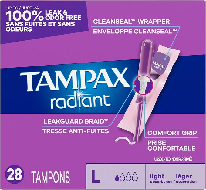 Tampax Radiant Tampons, with LeakGuard Braid, Light Absorbency, Up to 100% Leak and Odor Free Protection, Unscented, 84 Count (3 Packs of 28)