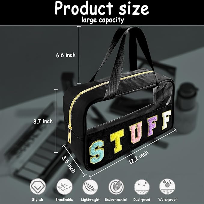 Chenille Letter Clear Makeup Bag Stuff Patch, Travel Toiletry Makeup Bag with Handle, Nylon Waterproof Makeup Bags clear cosmetic bag, preppy patch makeup bag for Women (STUFF-Black)