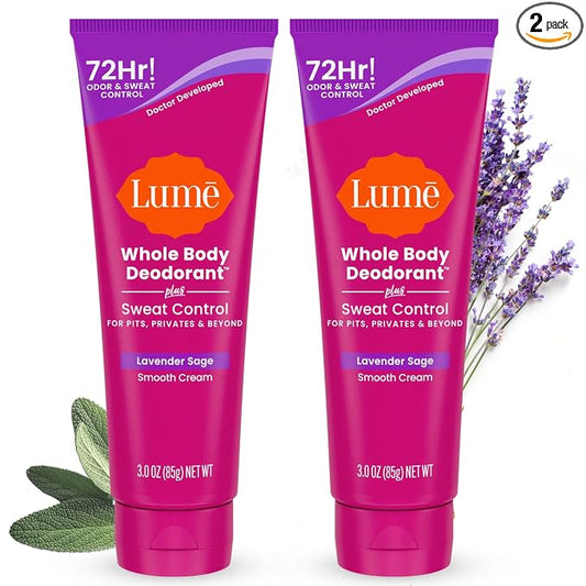 Lume Whole Body Deodorant Plus Sweat Control - Smooth Cream Tube - 72 Hour Odor And Sweat Control - Baking Soda Free, Skin Loving - 3.0 ounce (Pack of 2) (Lavender Sage)