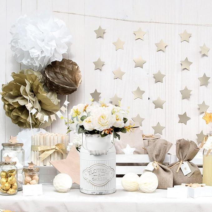 French Style Shabby Chic Decor White Farmhouse Metal Flower Vase Galvanized Decor for Kitchen, Bathroom, Sparklers for Weddings