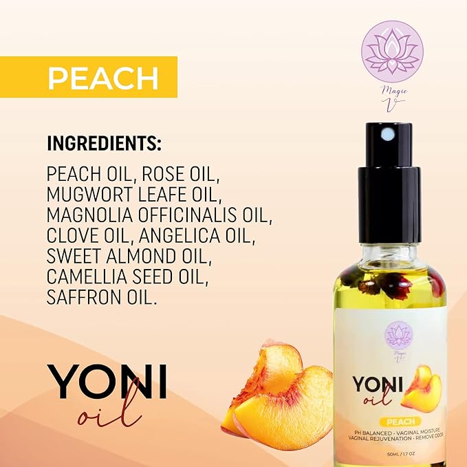 Magic V Yoni Oil Spray for Women – Organic Feminine Care Vaginal Moisturizer, pH Balance & Odor Control, Soothes Ingrown Hair & Razor Bumps - Peach Scent