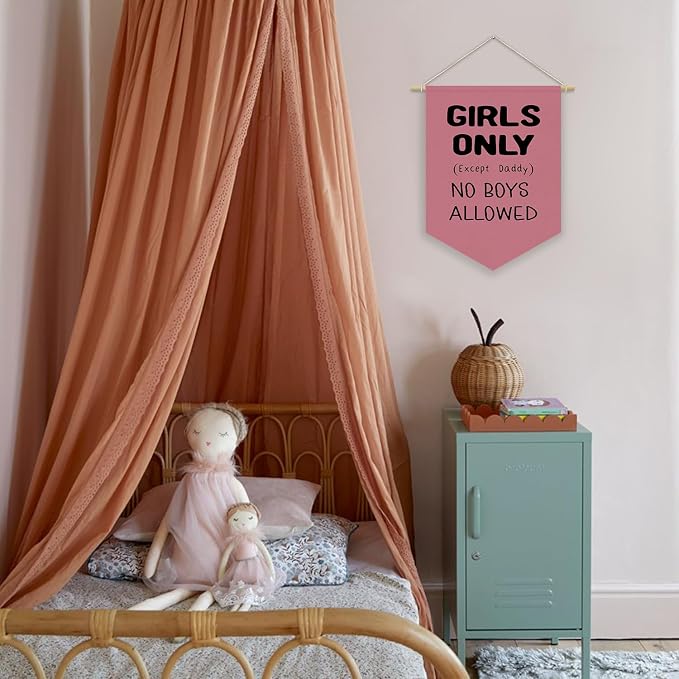 Girls Room Sign Decor Banner,Girls Only No Boys Allowed Door Sign Pennant Flag,Pink Cute Wall Decor for Teen Girls Bedroom Playroom Toddler Little Girl Stuff Wall Hanging Linen Banner 15x11 Inch