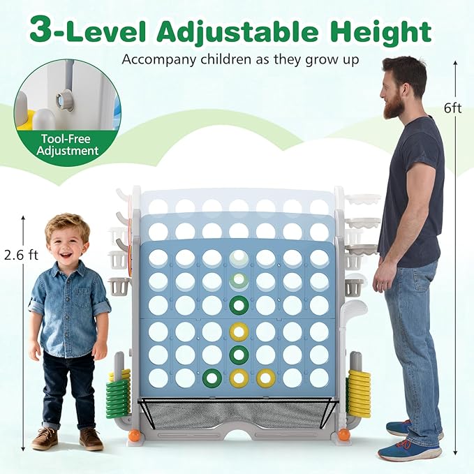 Costzon Giant 4-in-A-Row Connect Game, Height Adjustable 4-in-1 Jumbo 4-to-Score Yard Game with Golf, Ring Toss, Basketball, Cup Holder & Mesh Net, Indoor Outdoor Game for Kids Adults Family Party