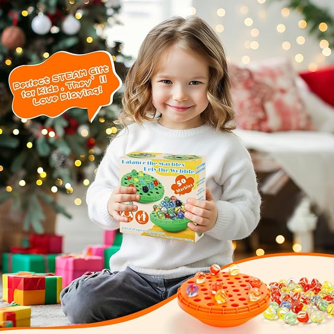 Marble Balance Game - 50 Colorful Marbles with Built-in Storage, Fun Family Challenge for 1-4 Players, Educational Toy for Kids & Adults, Perfect for Parties, Travel & Birthday Gifts (Sunset Orange)