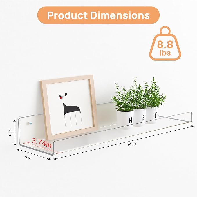 upsimples 15" x 4" Acrylic Shelves for Wall Storage and Organizer, 6 Pcs | Versatile Clear Floating Bedroom Shelves for Figures & Collectibles, Kids Bookshelf, Invisible for Displaying, Room Décor