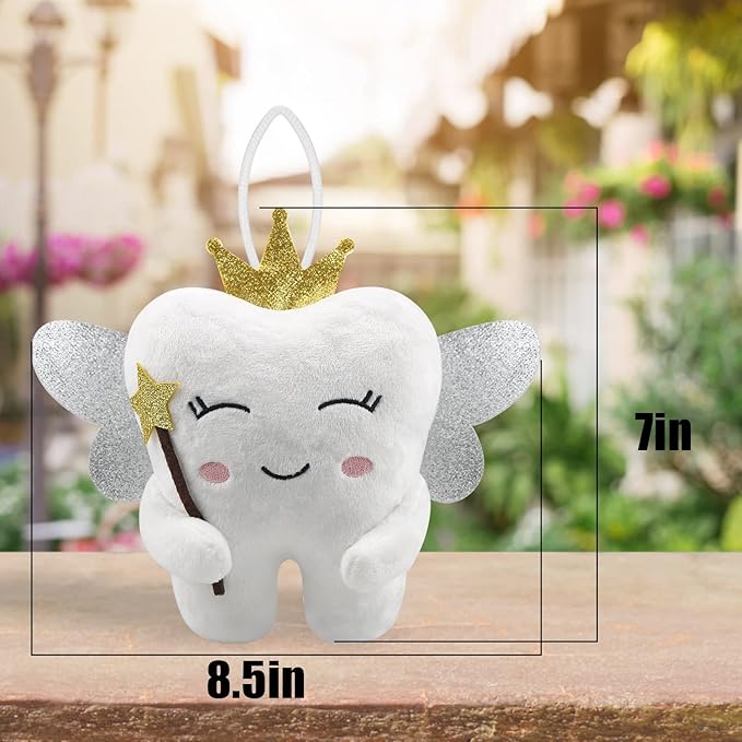 Tooth Fairy Pillow with Shiny Wings Embroidered Tooth Fairy Doll with Pocket Crystal Velvet Tooth Fairy Souvenir Boy Girl Gift (White) (White)