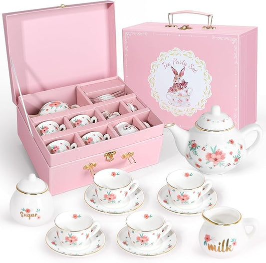 Porcelain Tea Set for Girls, Tea Party Set for Little Girls, Kids Tea Set Kitchen Pretend Play, Princess Tea Time Playset with Ceramic Teapot Cups Carry Case, Toddler Girl Toys Birthday Gifts Age 3+