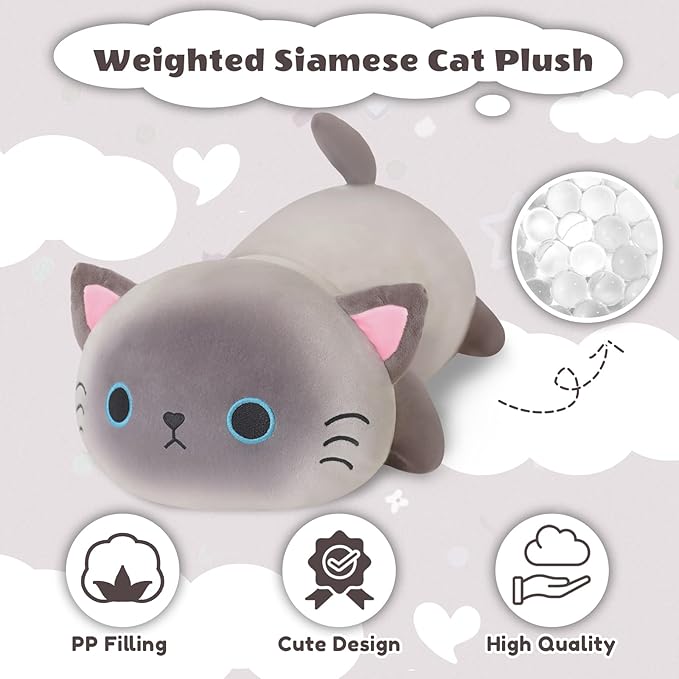 Weighted Siamese Cat Stuffed Animals, Cute Weighted Siamese Cat Plush, Soft Stuffed Weighted Plushie Pillow Gifts for Girls Boys(23.6" 3.1Lbs)
