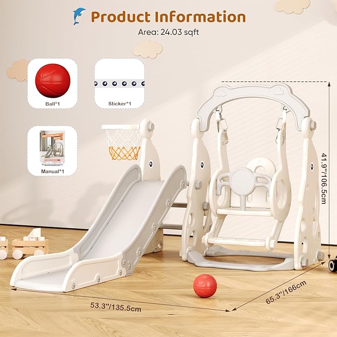 Toddler Slide, 4 in 1 Toddler Playset - Upgrade with Kids Slide, Swing, Basketball Hoop and Storage Space for Age 1-3, Indoor and Outdoor Playground