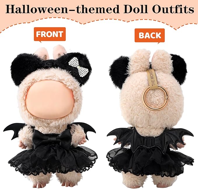 Clothes for labbuu Dolls - Cute Outfit for 6 3/4 Inch (17cm) labbuu Accessories, 2-Piece Doll Clothes Black (Doll Not Included) - Perfect for Collectors and Dress-Up (Halloween Bat Dress Set B)