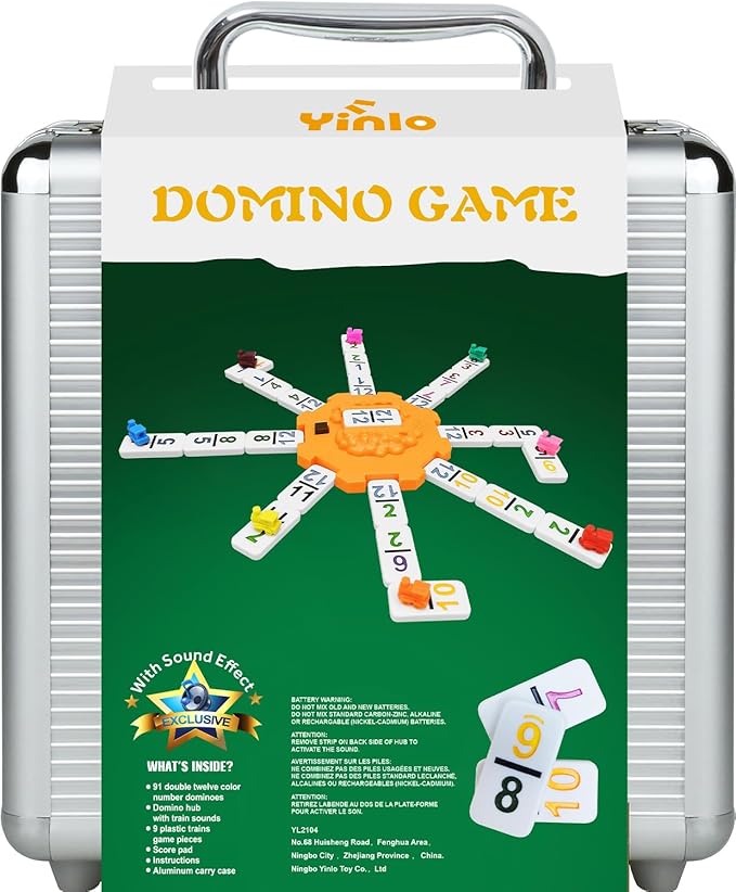 Yinlo Mexican Train Dominoes Set，Double 12 Dominoes with Train Sound Effect, Portable Travel Games, 91 Tiles Colored Number Domino Game Set with Aluminum Case, Ideal Gift