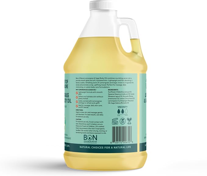 Best of Nature Lemongrass and Sage Massage Oil Blend - Non-Greasy Aromatherapy Massage Oil for Body, Skin & Face, Crafted with Pure Essential Oils, Half Gallon (64 fl oz)