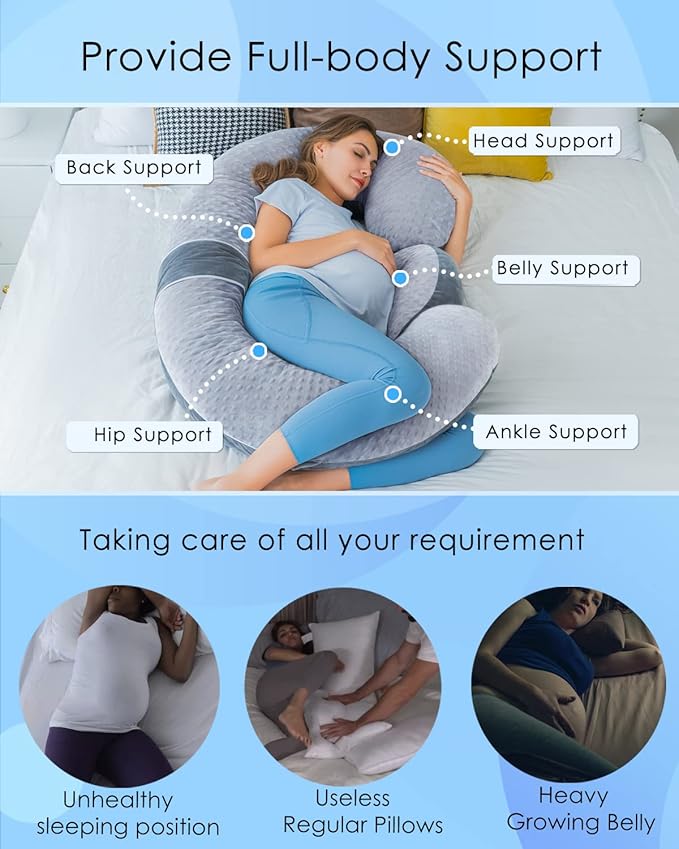QUEEN ROSE Pregnancy Pillow E Shaped with Detachable Wedge, Adjustable Full Body Maternity Pillow for Sleeping, Dual-Sided Velvet Cover, 60 Inch Support for Side Sleepers, Grey