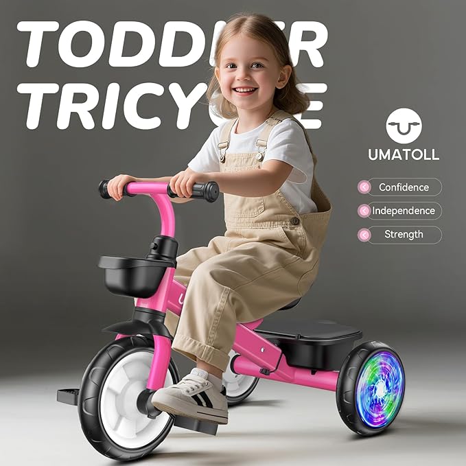 Umatoll Tricycle for Toddlers 2-5 Year Old, Ajustable Toddler Bike Outdoor Toys, Birthday Gift for Girl Boy Age 2-4, Trike with Light up Wheels (Rose)