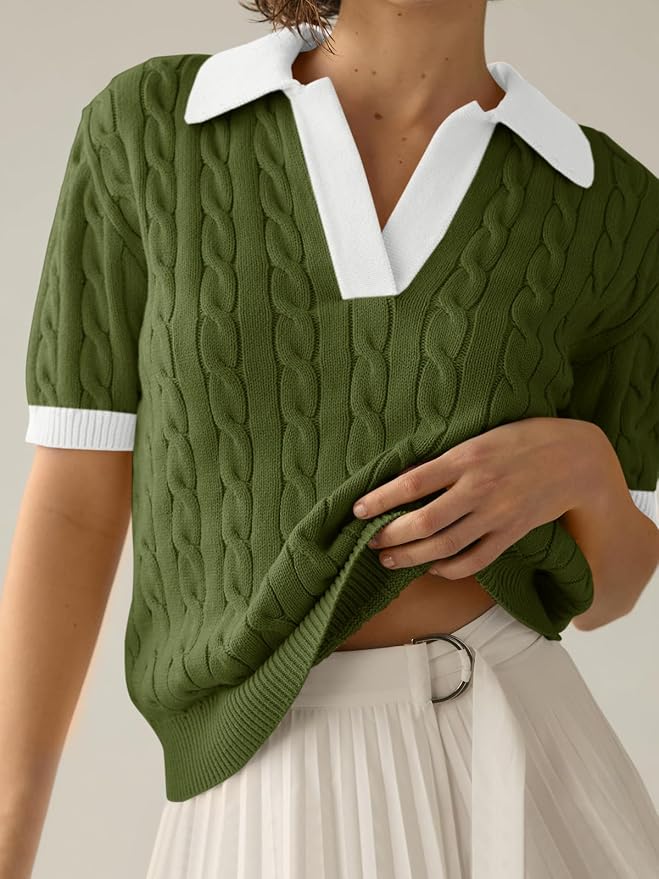 Imily Bela Womens Cable Short Sleeve Sweaters Tops Lapel V Neck Knit Shirt | Solid,Knit Casual,Soft Pullover,Fall Sweaters,Womens Summer Work Tops