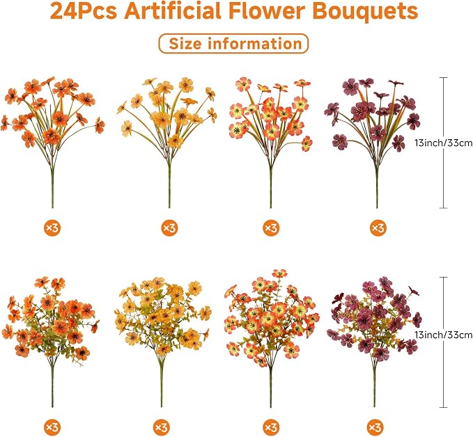 Alupssuc 24 Bundles Artificial Fall Flowers, UV Resistant Faux Mums Porch | Silk & Plastic, 13 Inch Tall, for Indoor Outdoor Planters Yard Patio Window Box, Autumn Outside Realistic Fake Decoration