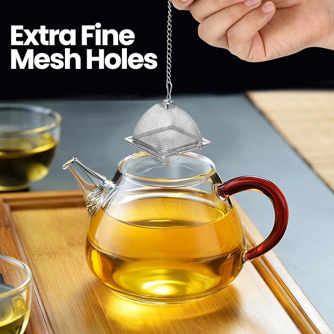 Zopeal 9 Pcs Tea Infuser Stainless Steel Strainer with Extended Chain Hook and Saucer Loose Leaf Steeper Fine Mesh Ball Tea Filter for Brew Spices Seasonings Fits Cup Mug Bottle (Pyramid)