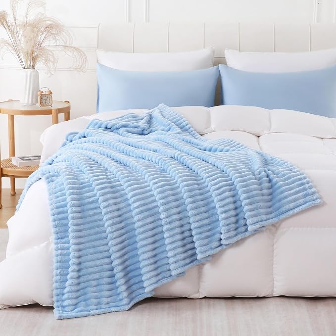 Light Blue Throw Blanket for Couch Sofa 90x90 inches Striped Design | Fleece Blankets Room Home Decor Lightweight Plush Soft Cozy Gifts for Women Mom