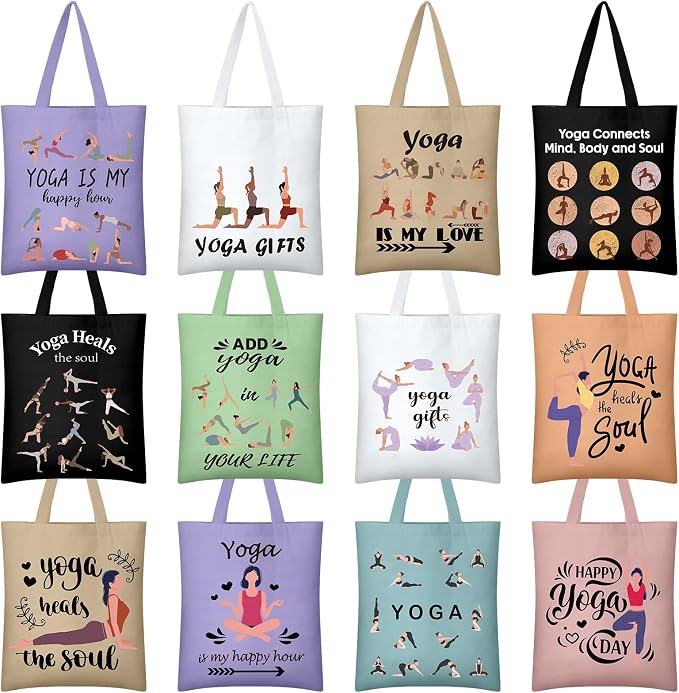 Hsei 12 Pcs Yoga Lover Gift Women Canvas Aesthetic Tote Bag Accessories Organizer Pilates Instructor Gift Yoga Teacher Grocery Bag Reusable Grocery Storage for Teachers Yogis Pilates Workout