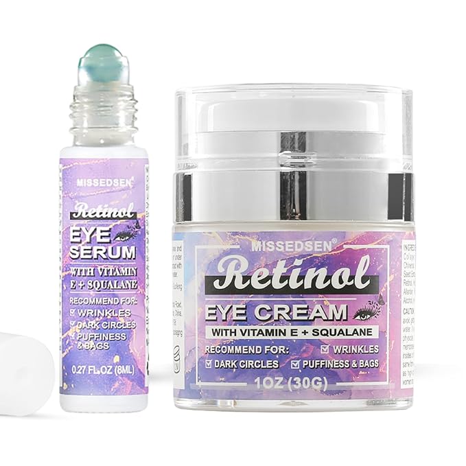Eye Cream & Roller Serum Set with Retinol,Vitamin E,Squalane, Hyaluronic Acid for Dark Circles, Eye Bags & Fine Lines Under Eyes, Brighten Under Eyes,1OZ&0.27OZ