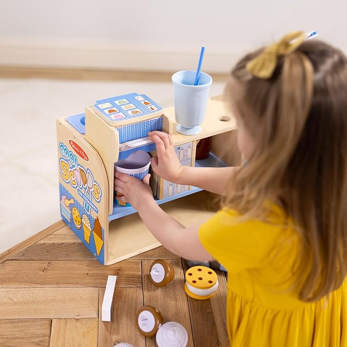 Melissa & Doug Cool Scoops Ice Creamery, Wooden Ice Cream Shop & Counter with Play Food & Play Kitchen Accessories, Preschool Learning Toys for Girls & Boys 3+ - FSC Certified