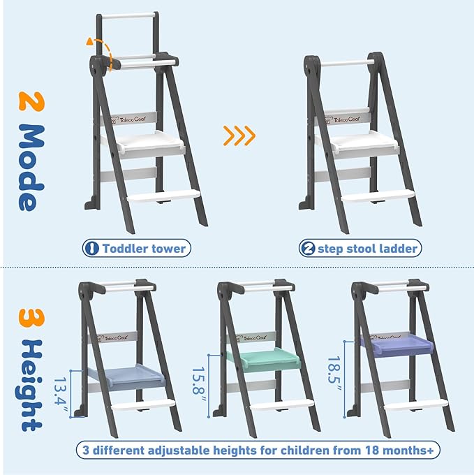 Foldable Toddler Tower, Toddler Kitchen Stool Helper with Safety Net, Wooden Kitchen Step Stool for Toddlers with Adjustable Height, Standing Tower for Learning and Cooking(Blue)