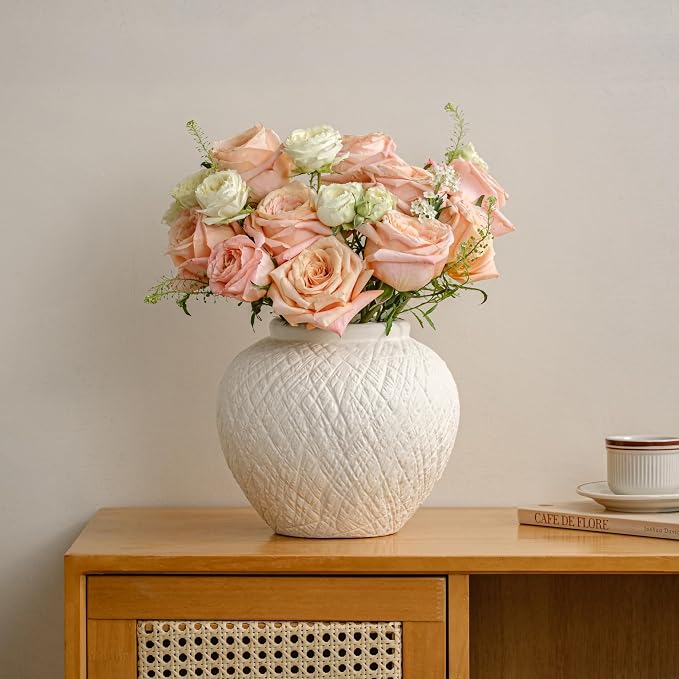 7.5in Round Ceramic Flower Vase, Modern Decorative Textured Vase Home Decor | Unique Rustic Farmhouse Terracotta Vases for Bedroom Living Room Table Centerpieces Shelf Cabinet Wedding Decorations